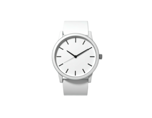 A clean, minimalist white wristwatch with black hands and markers, isolated