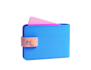 3D rendered blue wallet with a pink card and button on a black background