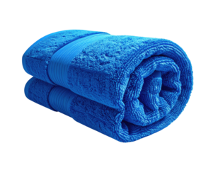 Rolled, blue terrycloth towel with a matching band around the middle