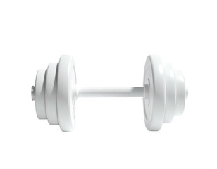 A white dumbbell with weighted plates on each end, isolated on a black background