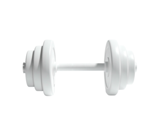 A white dumbbell with weighted plates on each end, isolated on a black background