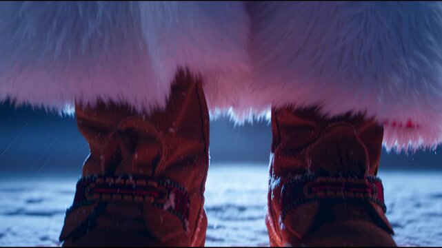 In a winter wonderland, Santa&rsquo;s boots make their way into soft, glowing snow. The scene captures the festive spirit of Christmas with twinkling lights and a magical atmosphere