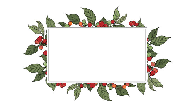 A festive border design featuring green leaves and red berries surrounding a blank white rectangular space for text or images.
