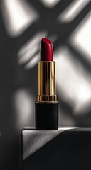 Red lipstick stands against shadowed white wall