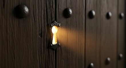 Light shines through an old wooden door keyhole