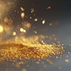 Golden particles scatter and settle on a dark surface