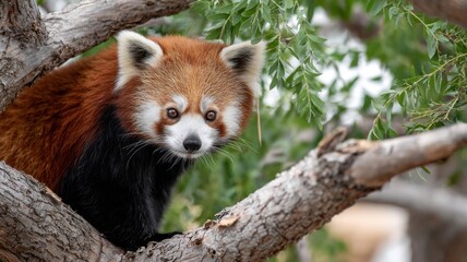 A red panda is sitting on a tree branch
