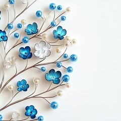Obraz premium Floral branch blue flowers, pearl beads on white
