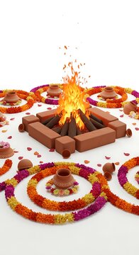 A sacred Hindu havan kund with a holy fire, surrounded by colorful marigold flower garlands and clay pots on a white background.