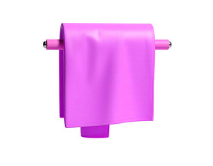 A hanging, pink towel on a chrome towel rack, isolated on a black background