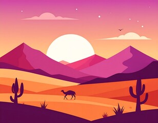 Desert Sunrise Landscape with Camel.