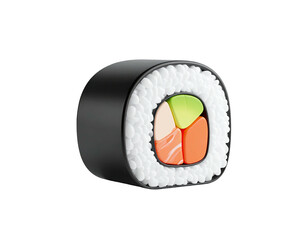 A single roll of sushi, featuring seaweed, rice, salmon, avocado, and cream filling
