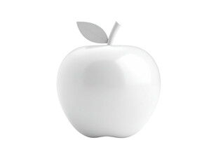Glossy, white 3D apple on black backdrop, featuring stem and leaf