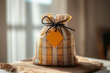 Fabric gift bag with tag, sunlight, soft focus