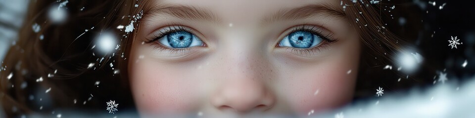 Obraz premium Close-up Portrait of Young Girl with Striking Blue Eyes Covered in Snowflakes