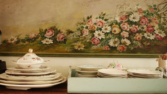 A painting of flowers is on the wall above a table with a stack of plates. The table is covered with plates, including a large stack of white plates