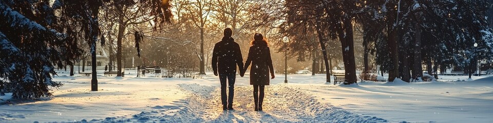Couple Walking Hand in Hand in a Snowy Park Alley at Sunset