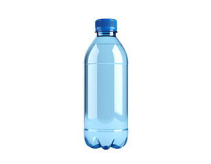 A clear, plastic bottle filled with water, capped with blue on a black background