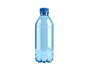 A clear, plastic bottle filled with water, capped with blue on a black background
