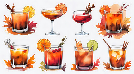 Watercolor fall cocktails with citrus fruit, cinnamon, cranberry and autumn leaves seasonal beverage illustration for celebration and festive design.