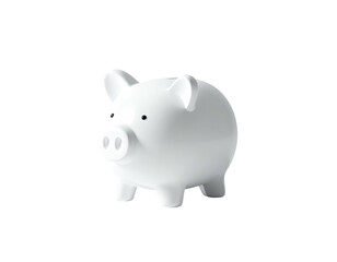 A simple, gleaming white piggy bank, side view, isolated on a black background