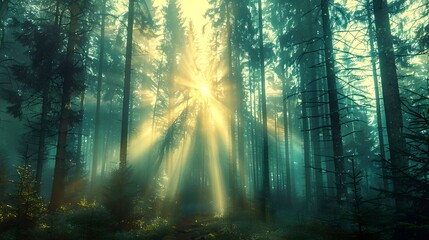 Fototapeta premium sunlight filters through the trees, creating a magical and captivating forest scene. The image is filled with the serene of nature.