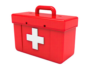 A red, shiny first aid kit with a white cross on the front, isolated