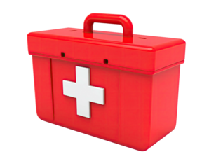 A red, shiny first aid kit with a white cross on the front, isolated