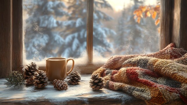 Cozy winter scene with a warm drink, soft blanket, and snowy landscape viewed from a rustic window. - Powered by Adobe