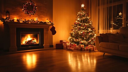 Modern Living Room with a Lit Fireplace and a Decorated Christmas Tree at Night
