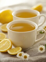 Two cups of tea surround lemon slices and daisies