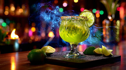 Refreshing Lime Cocktail With Smoky Vapor and Salted Rim in a Vibrant Nightclub Ambiance