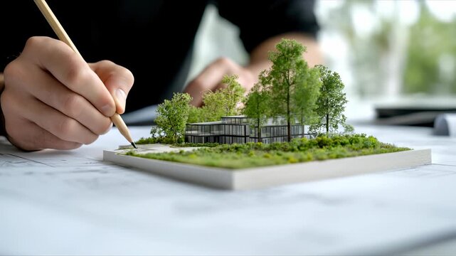 Architectural concept model with trees and building design, planning and visualization for construction, representing future home creation and project development