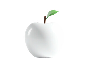 Shiny white apple with a brown stem and a green leaf on black background