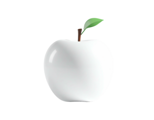 Shiny white apple with a brown stem and a green leaf on black background