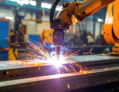Yellow robotic arm welding metal