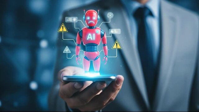 Businessman holding a red robot with ai logo and warning signs, symbolizing artificial intelligence and potential risks in technology