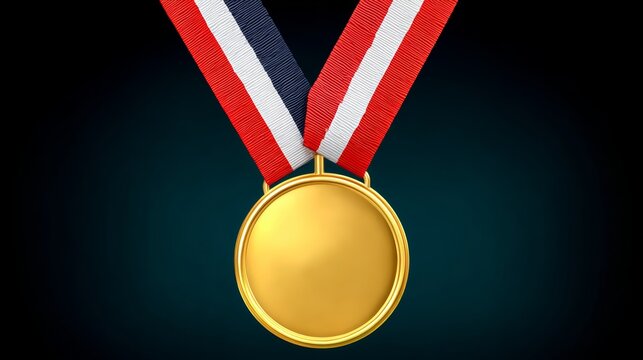Gold medal with a red and white ribbon. The ribbon is tied in a bow