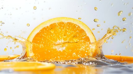 A vibrant orange slice creates a captivating splash. Water droplets and juice create dynamic movement and fresh energy.
