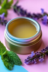 Balm in tin, with lavender and mint on a colorful background