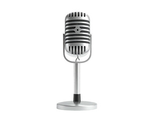 A classic, silver, retro microphone on a stand, against a black background