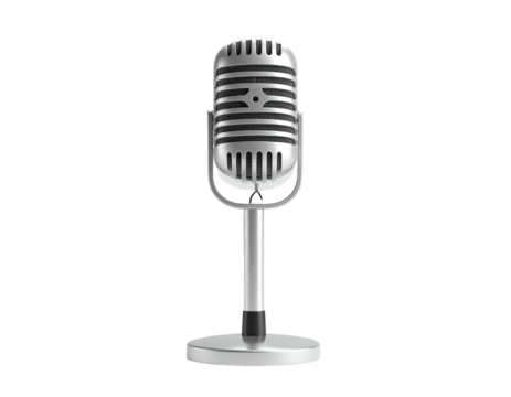A classic, silver, retro microphone on a stand, against a black background