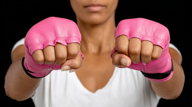 Woman wearing pink gloves is holding her hands up in a fist. Concept of strength and determination