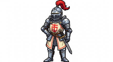 Fototapeta premium Cartoon Medieval Knight Character in Full Plate Armor with Sword and Red Plume. Fantasy Warrior Illustration on White Background.