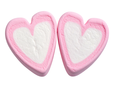Two heart-shaped marshmallows with pink edges and white fluffy insides