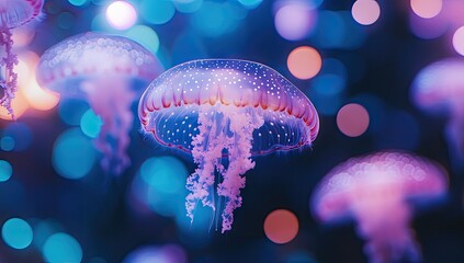 Jellyfish float amid dreamy, out-of-focus, colorful lights