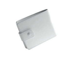 A stylized, closed, white leather wallet with a button closure, floating
