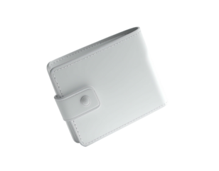 A stylized, closed, white leather wallet with a button closure, floating
