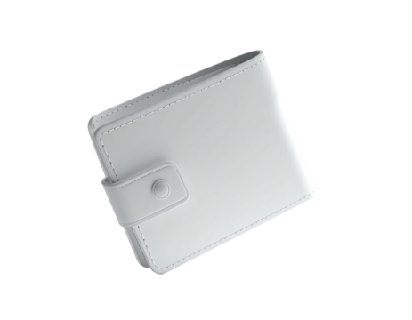 A stylized, closed, white leather wallet with a button closure, floating
