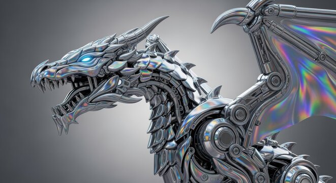 Biomechanical Chrome Dragon with Iridescent Wings
